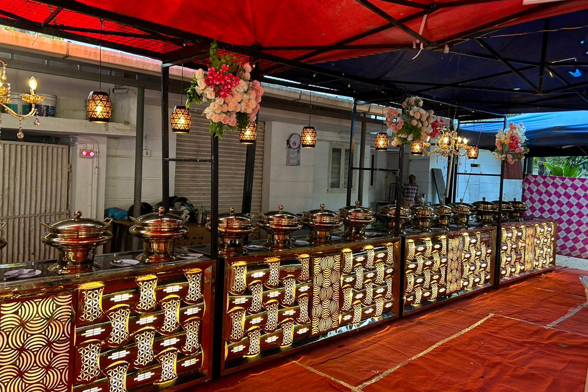 Elegant catering setup with buffet and drinks