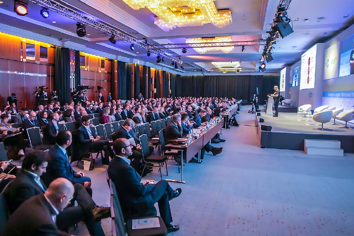 Corporate event stage with audience